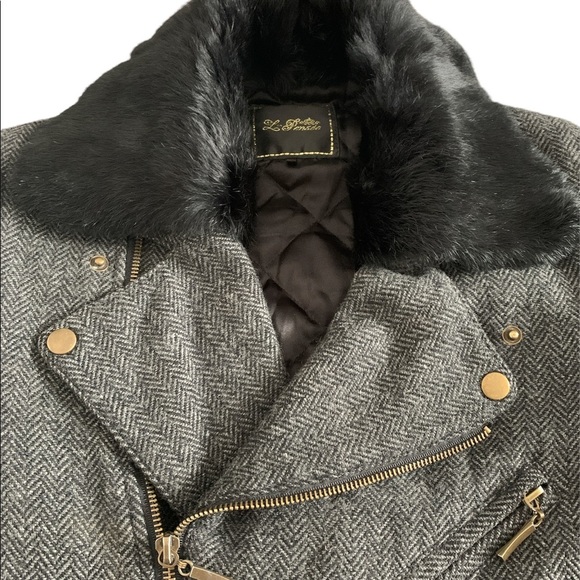 LaPense charcoal grey wool herringbone bike jacket/winter coat with fur collar - Picture 2 of 11